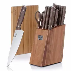DECO GEAR - Set de Cuchillos Deco Chef 16 Pzs Acero Inoxidable, Mango Madera Wengué, Tabla Bamboo y Bloque