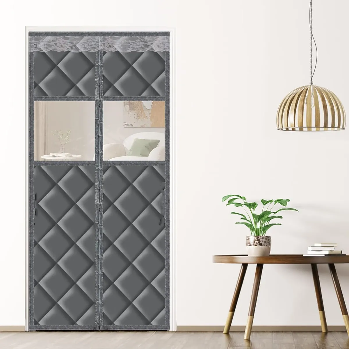 KUANGYE - Cortina Puerta Con Aislamiento Térmico Magnético Tela Con Ventana,80x200cm,Protección contra el frío