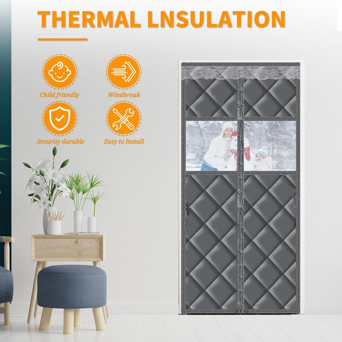 KUANGYE - Cortina Puerta Con Aislamiento Térmico Magnético Tela Con Ventana,80x200cm,Protección contra el frío