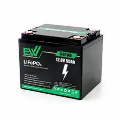EWTTO - Batería LiFePO4 12.8V 50A 640Wh Ewtto, Carga Solar+AC, IP54, 3 Años Garantía
