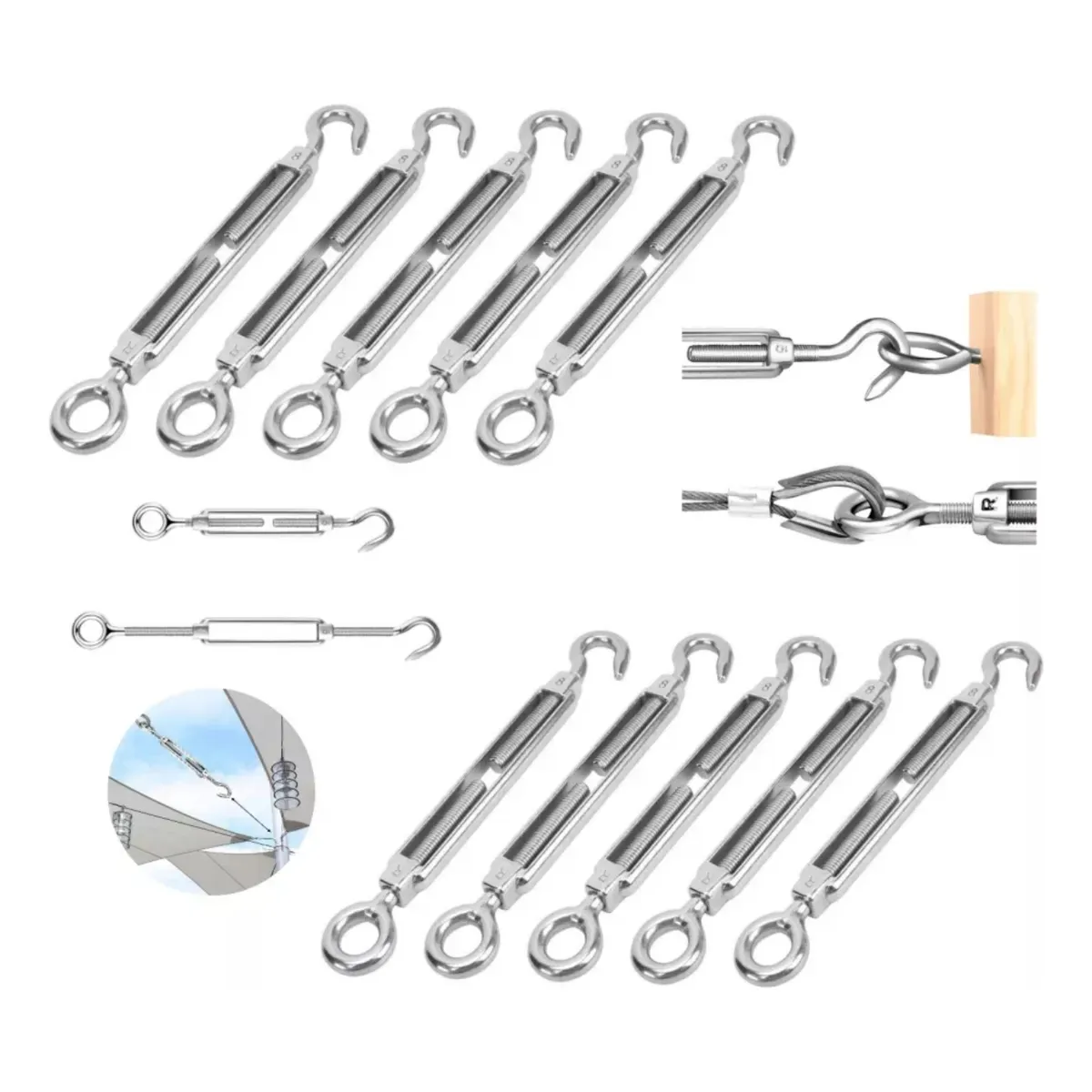GENERICO - Tensors Ojo Gancho Galvanizado Piola Acero 1/4 M6 12 Unidade