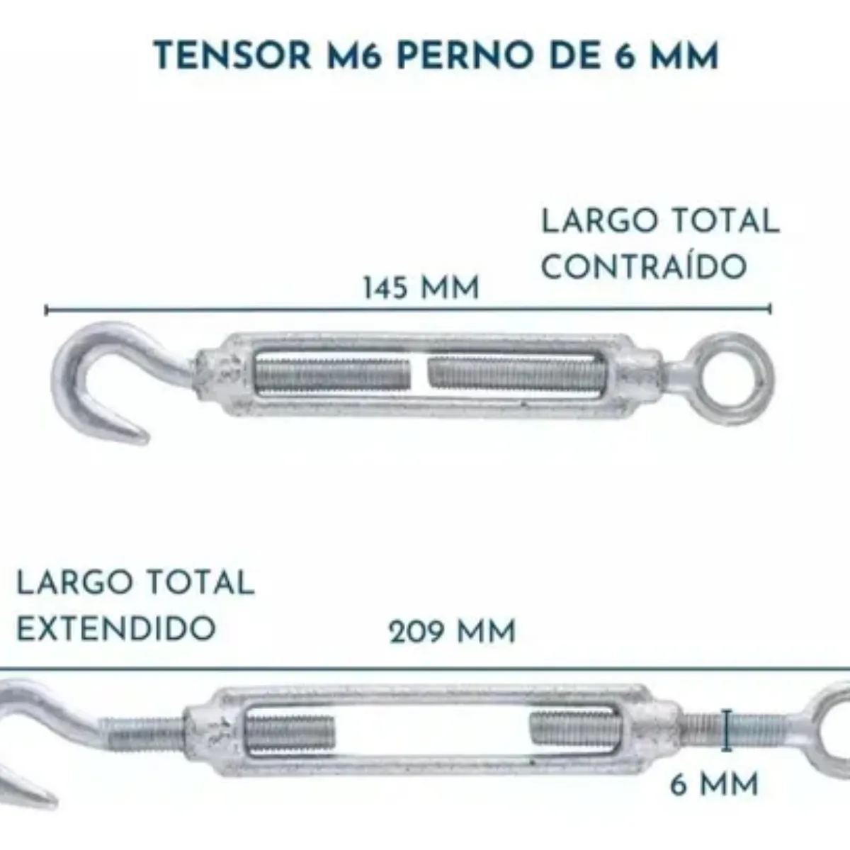 GENERICO - Tensors Ojo Gancho Galvanizado Piola Acero 1/4 M6 12 Unidade