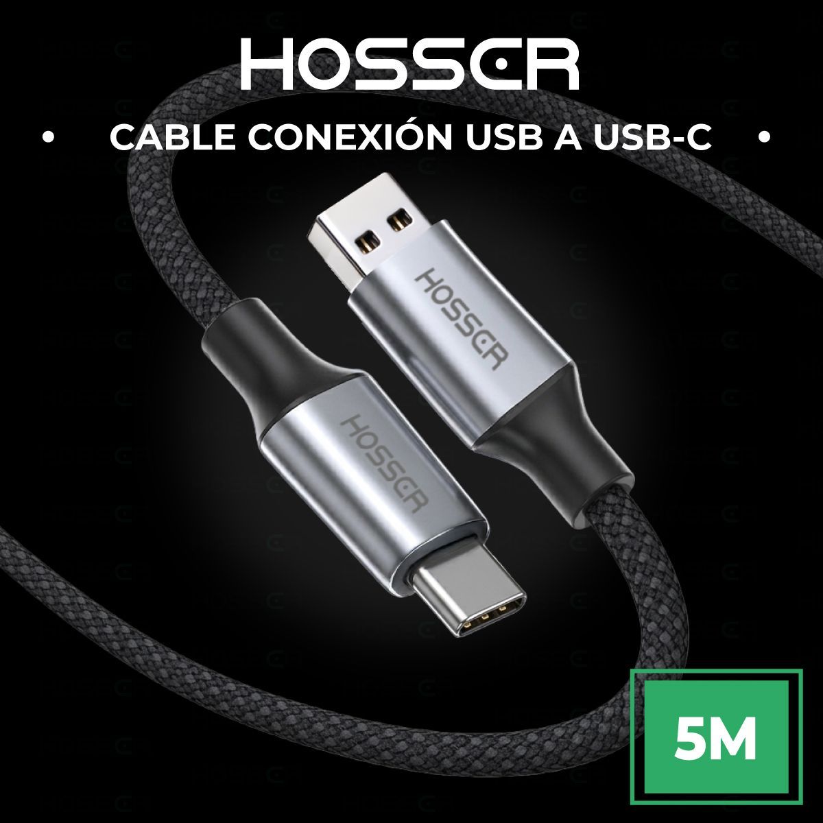 HOSSER - Cable Usb Tipo C To Usb 5 metros Carga rapida Iphone Samsung 60 Watts Hosser Trenzado Negro