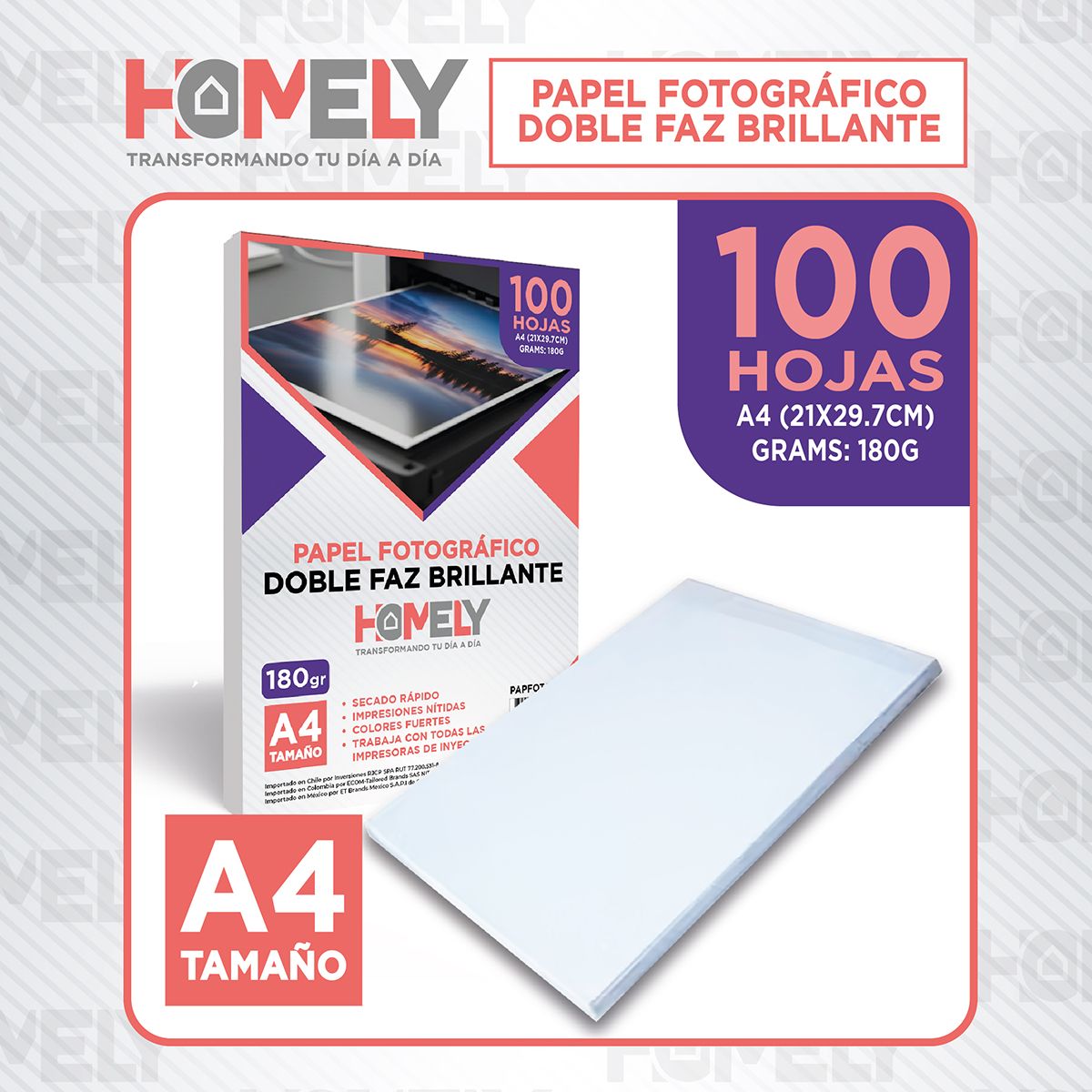 HOMELY - Papel Fotografico Doble Faz Glossy A4 100 Hojas Homely Imprimible 180 Gramos.