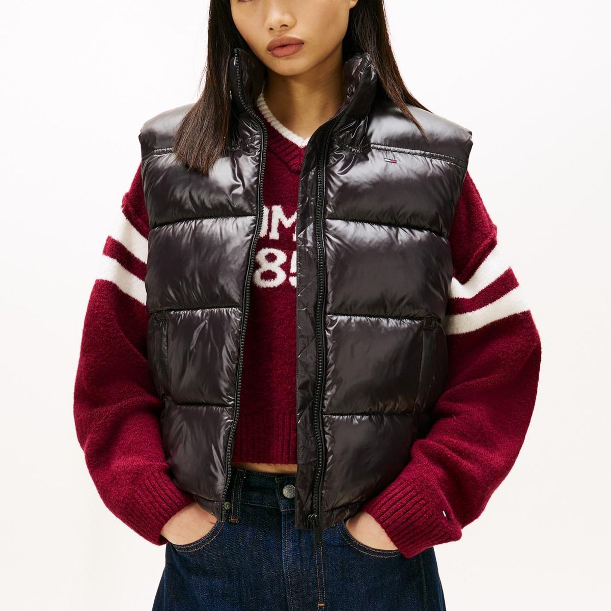 TOMMY HILFIGER - Parka Vest Acolchada Brillante Con Logo Bordado Negro Tommy Jeans