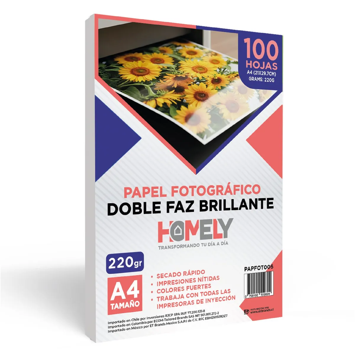 HOMELY - Papel Fotografico Doble Faz Glossy A4 100 Hojas Homely Imprimible 220 Gramos