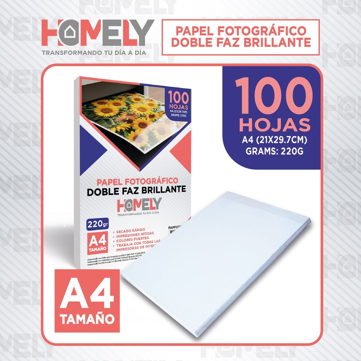 HOMELY - Papel Fotografico Doble Faz Glossy A4 100 Hojas Homely Imprimible 220 Gramos