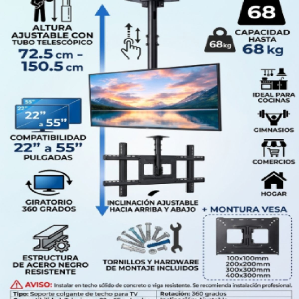 IRM - Soporte Techo Tv Colgante 22 A 55 Pulgadas Plafon Giratorio 360 Inclinable LCD LED Smart VESA