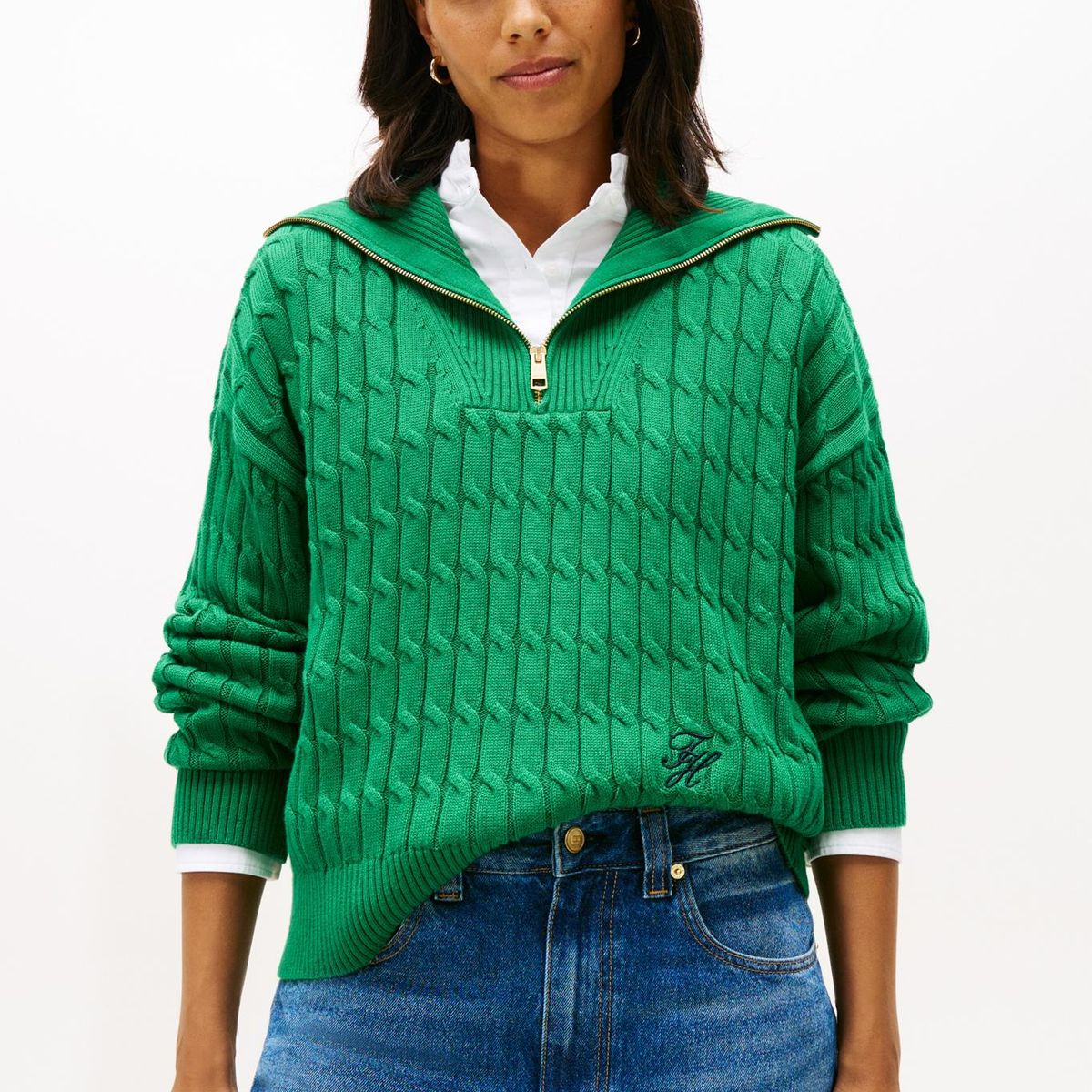 TOMMY HILFIGER - Sweater Con Cierre Tejido Cableado Verde Tommy Hilfiger