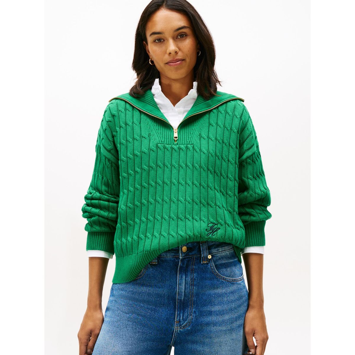 TOMMY HILFIGER - Sweater Con Cierre Tejido Cableado Verde Tommy Hilfiger