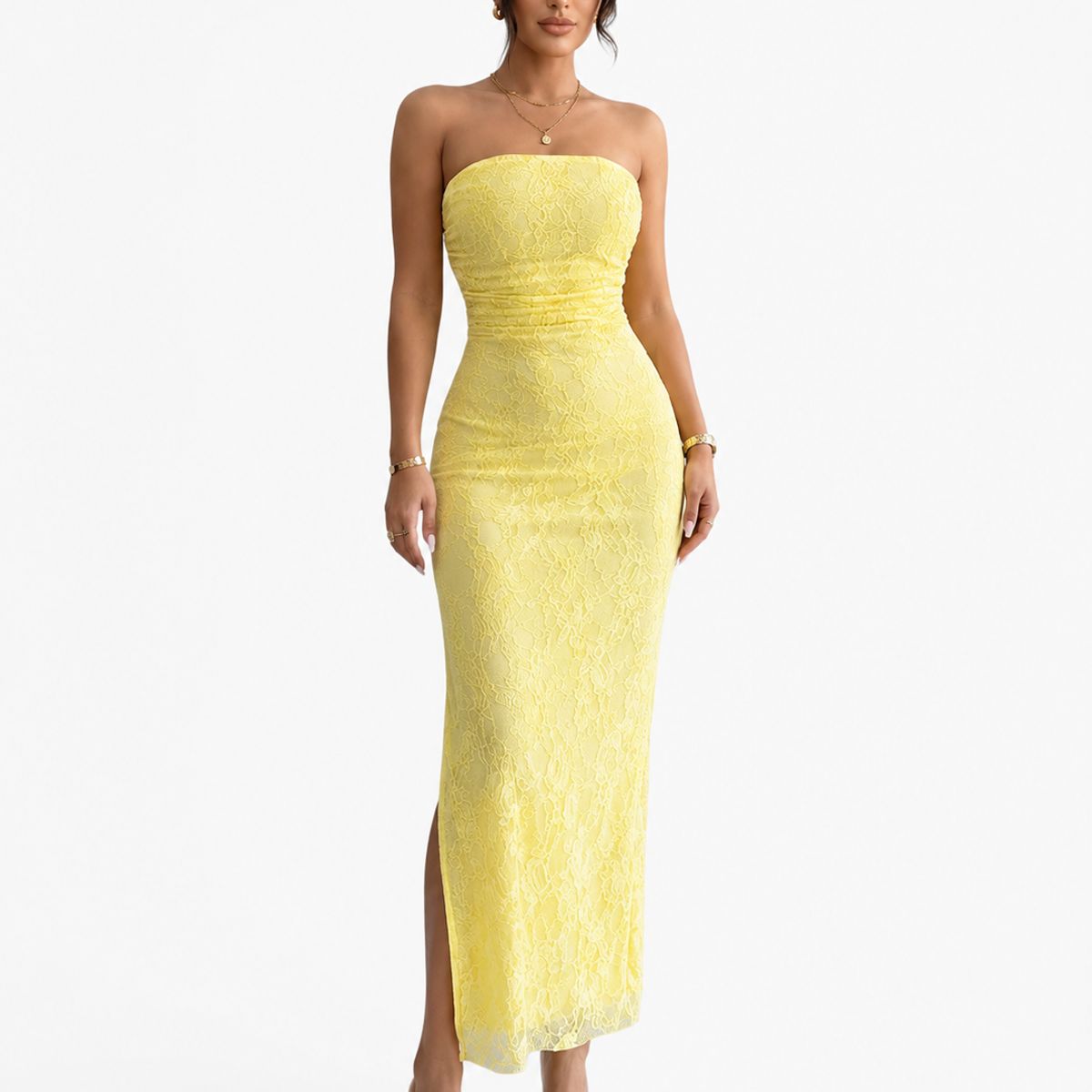 HAMI BOUTIQUE - Vestido Largo Strapless de Encaje Amarillo con Abertura Lateral
