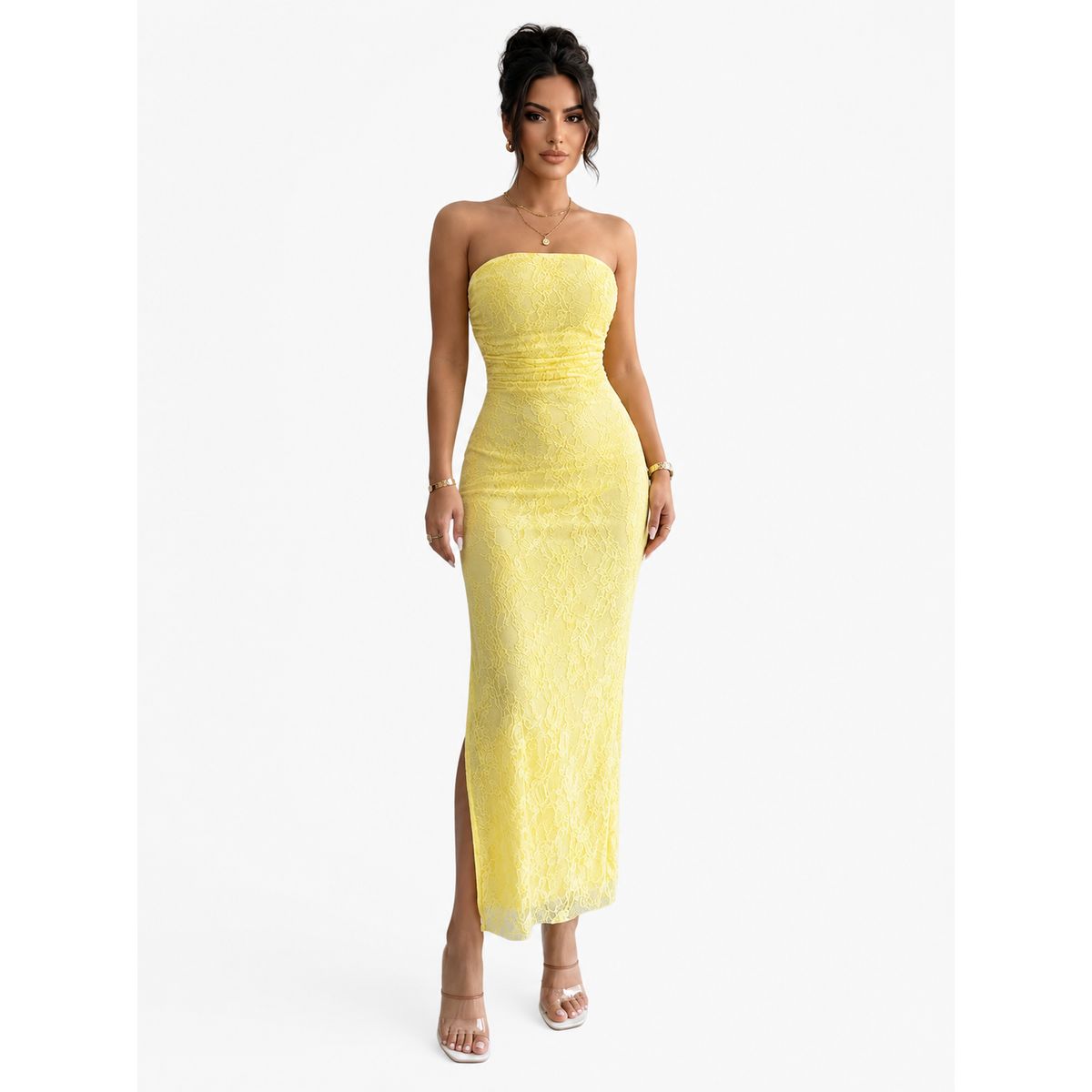 HAMI BOUTIQUE - Vestido Largo Strapless de Encaje Amarillo con Abertura Lateral