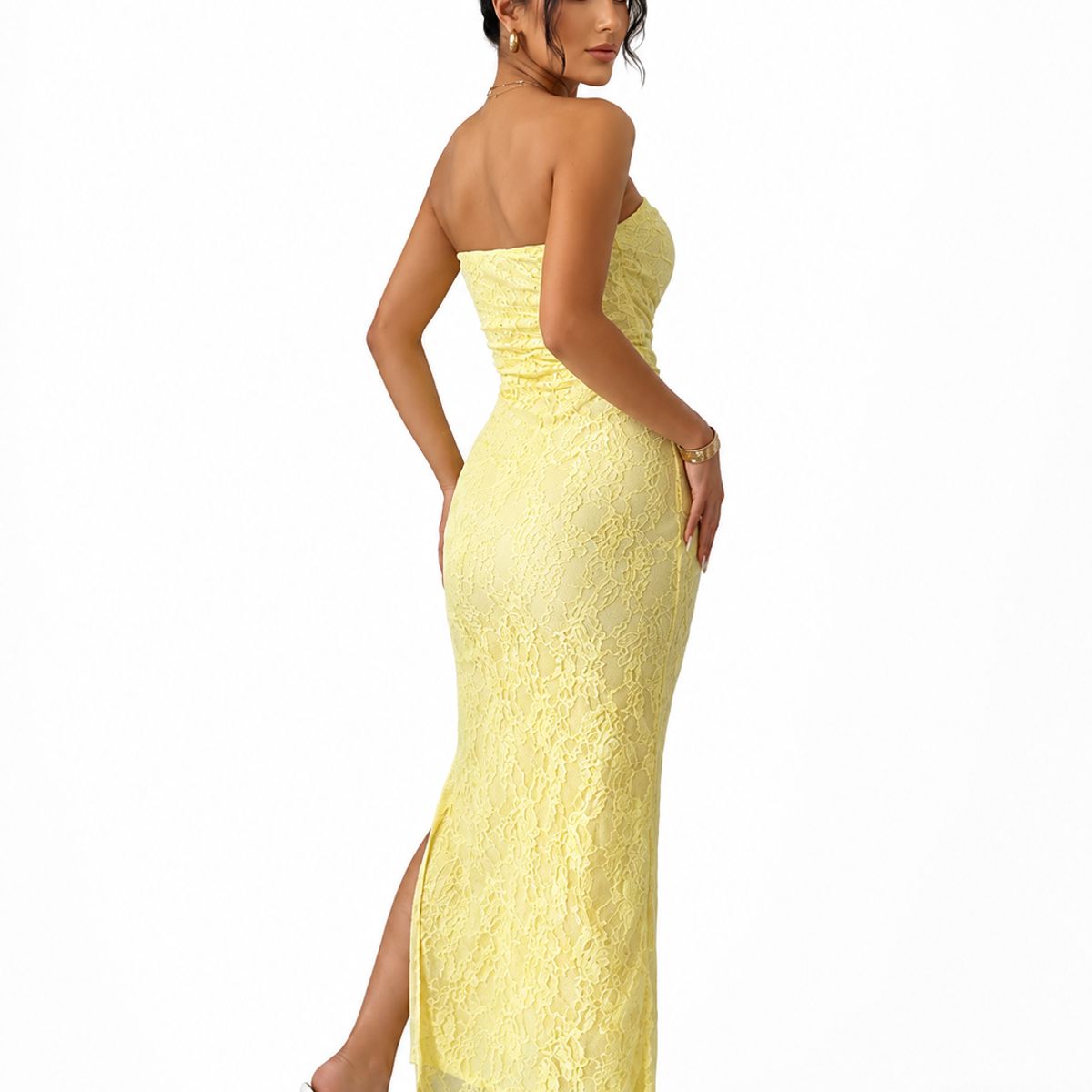 HAMI BOUTIQUE - Vestido Largo Strapless de Encaje Amarillo con Abertura Lateral