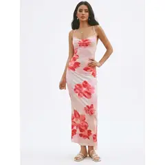 HAMI BOUTIQUE - Vestido Largo Rosado Estampado Floral con Espalda Cruzada y Escote Drapeado