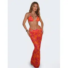 HAMI BOUTIQUE - Bikini Set de 3 Piezas Bikini y Pareo Largo Estampado Floral Naranja