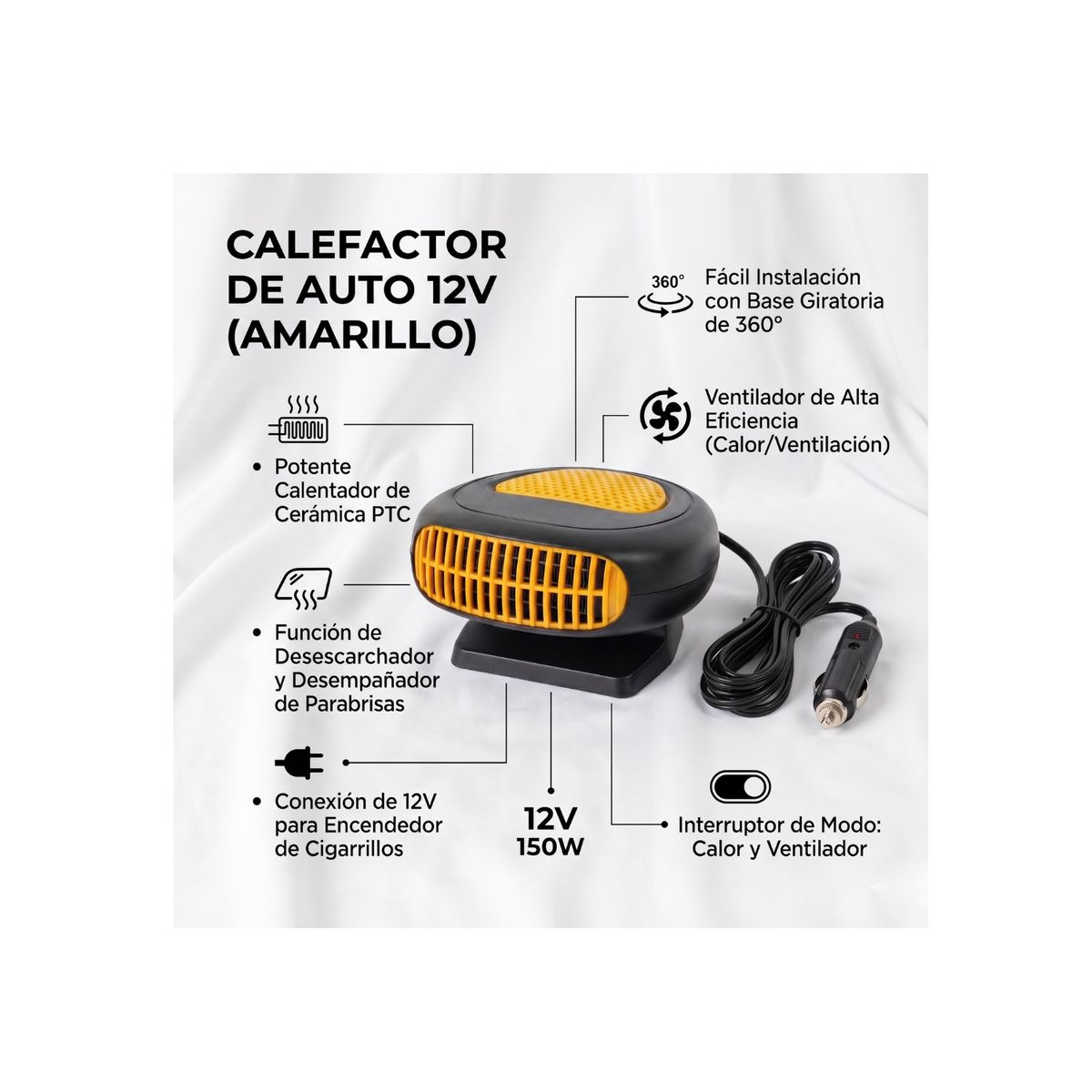 GENERICO - Calefactor Para Autos 12v 300w Ventilador Auto - Amarillo