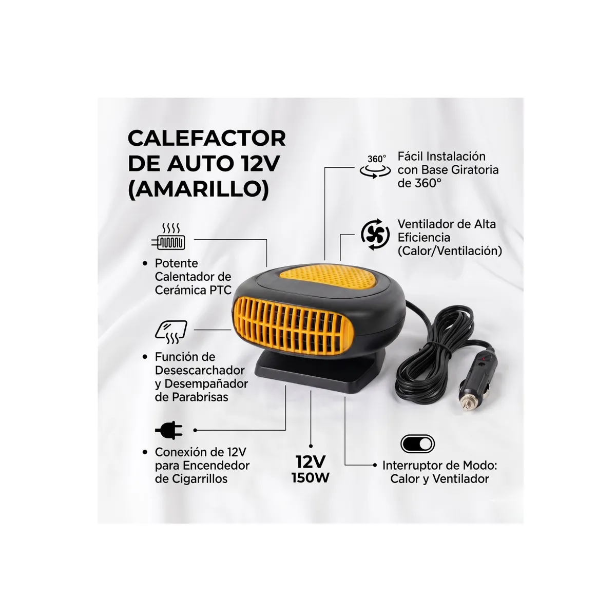 GENERICO - Calefactor Para Autos 12v 300w Ventilador Auto - Amarillo