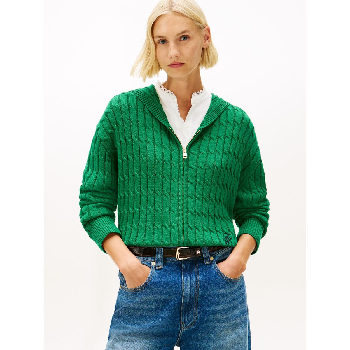 TOMMY HILFIGER - Sweater Hoodie Tejido Cableado Verde Tommy Hilfiger