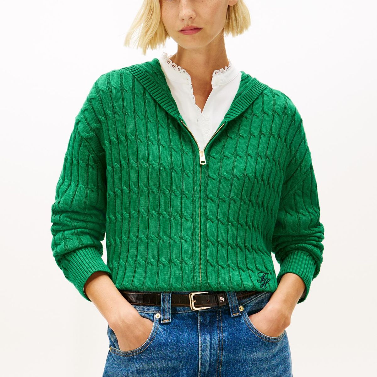 TOMMY HILFIGER - Sweater Hoodie Tejido Cableado Verde Tommy Hilfiger