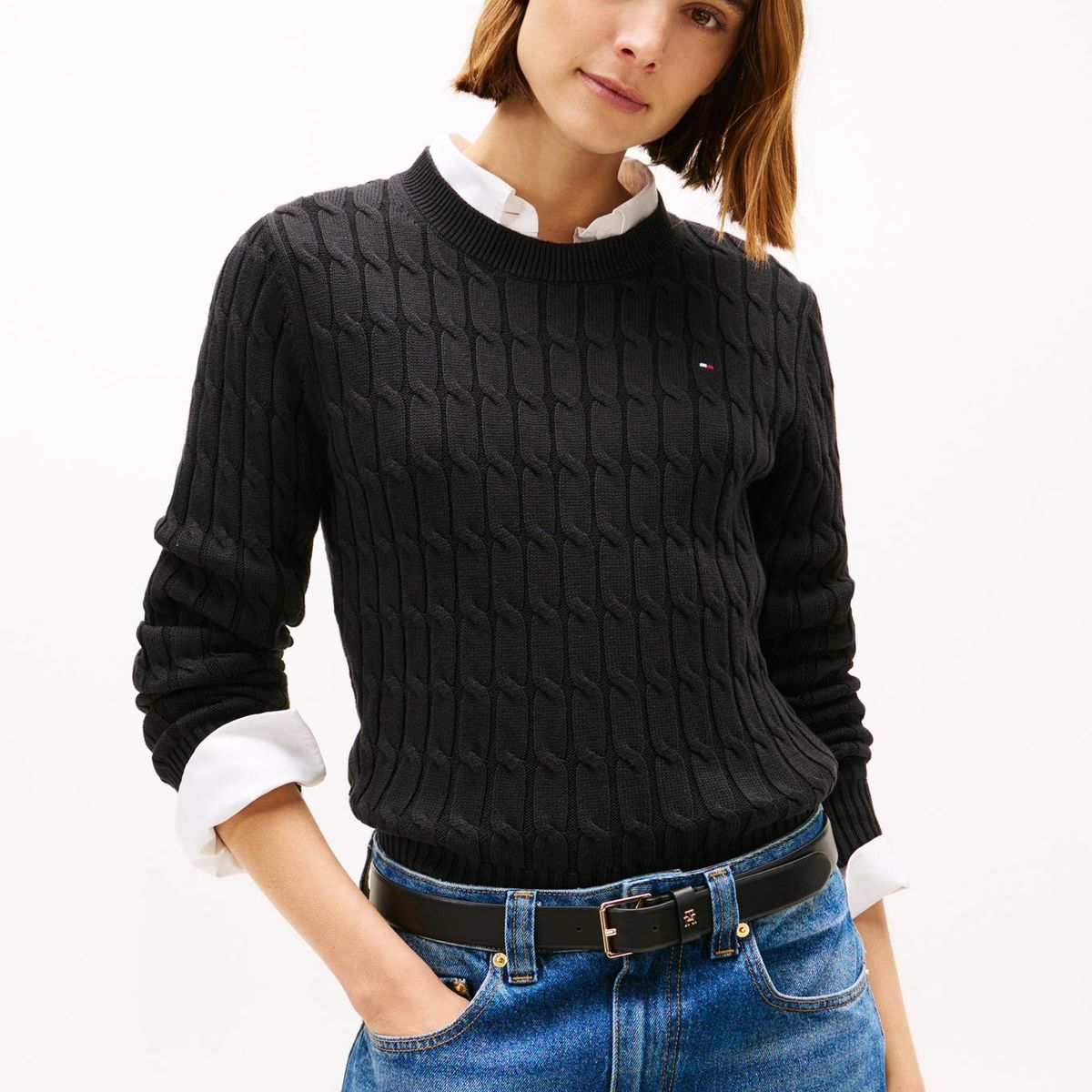TOMMY HILFIGER - Sweater Essential De Punto Cable Negro Tommy Hilfiger