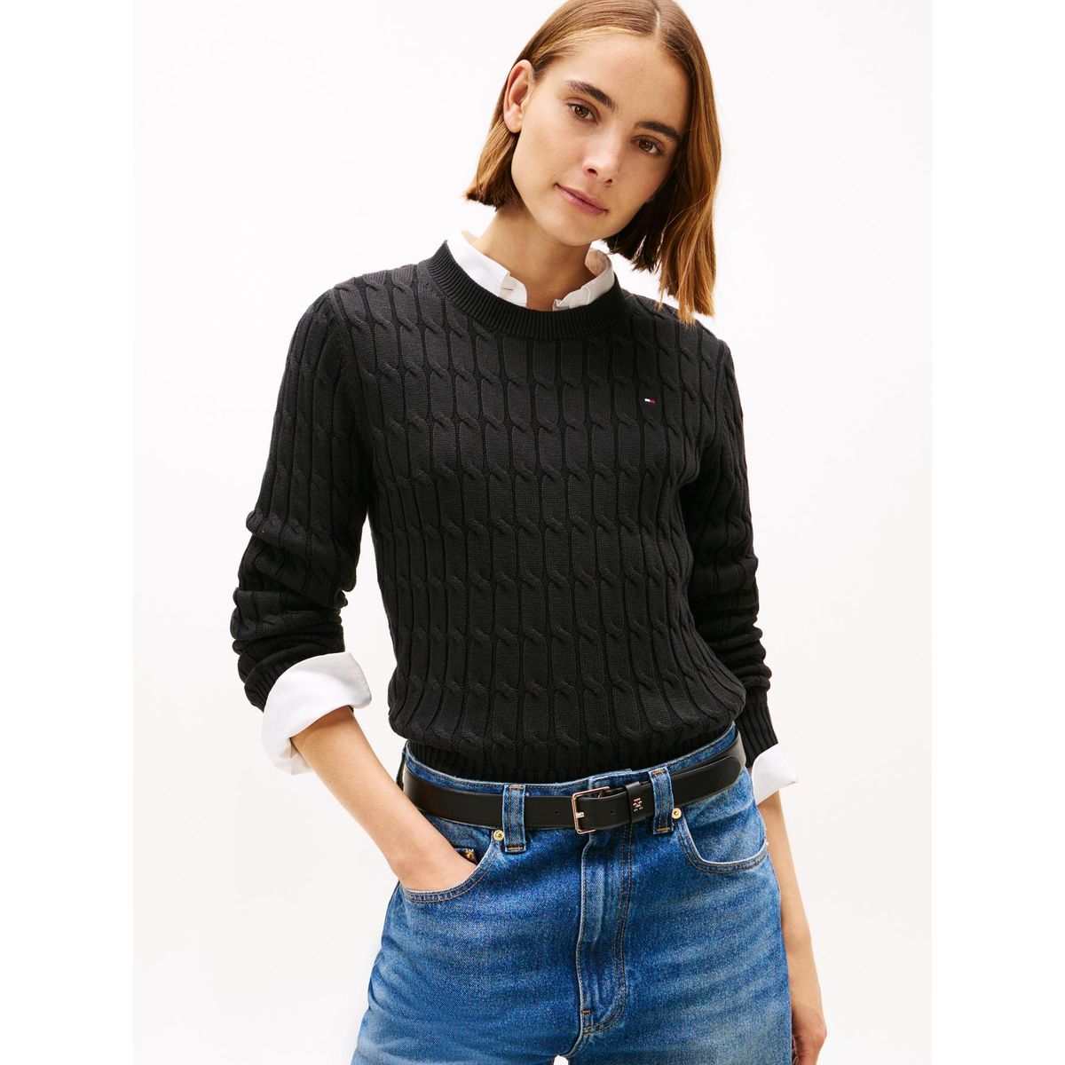 TOMMY HILFIGER - Sweater Essential De Punto Cable Negro Tommy Hilfiger
