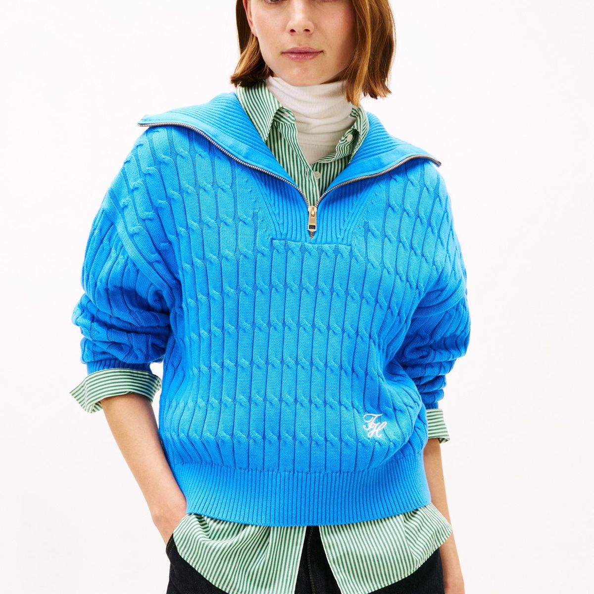 TOMMY HILFIGER - Sweater Con Cierre Tejido Cableado Turquesa Tommy Hilfiger