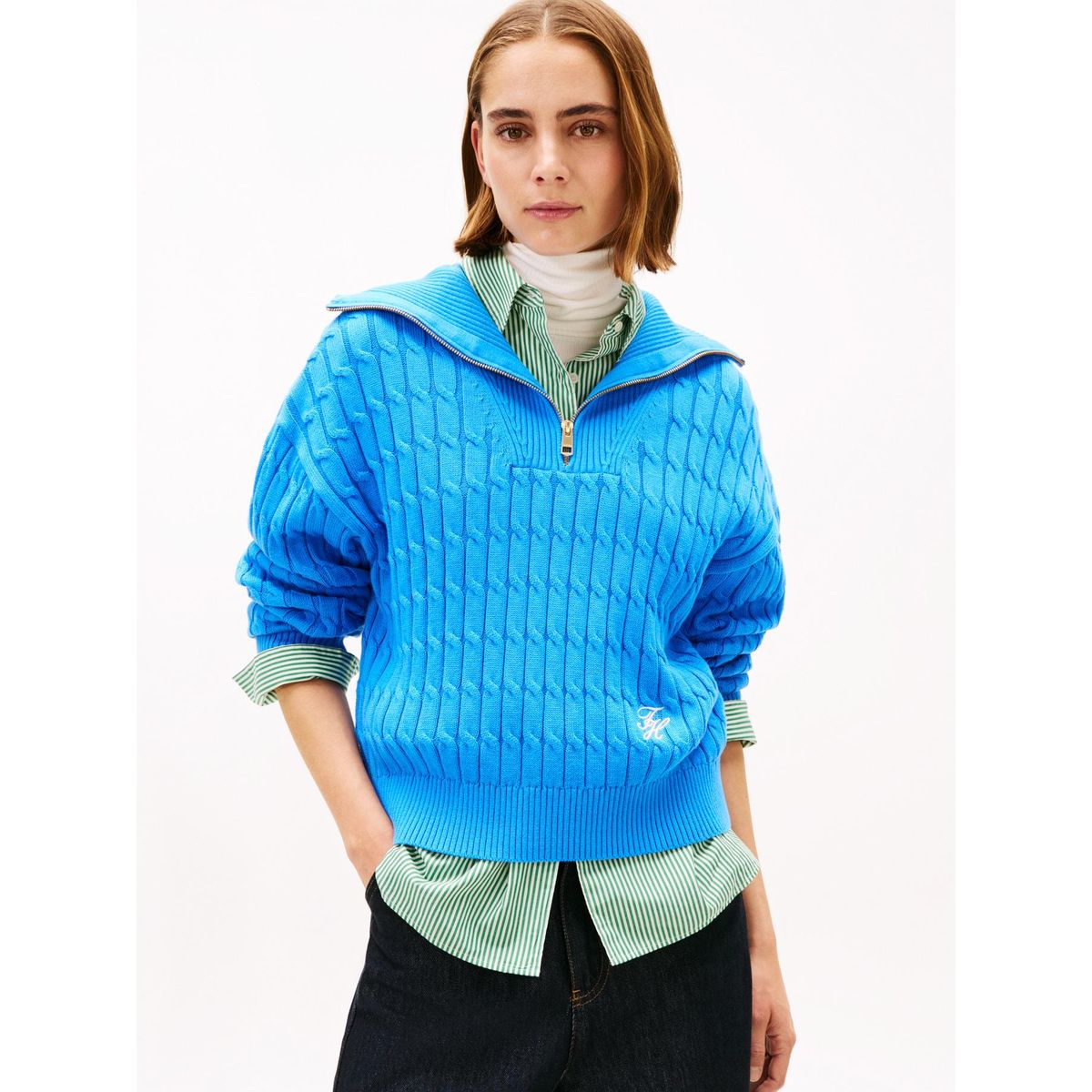 TOMMY HILFIGER - Sweater Con Cierre Tejido Cableado Turquesa Tommy Hilfiger
