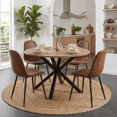 PANDALINO - Comedor Mesa Redonda Equiz 100cm Madera - Base X Negro + 4 Sillas Isidora