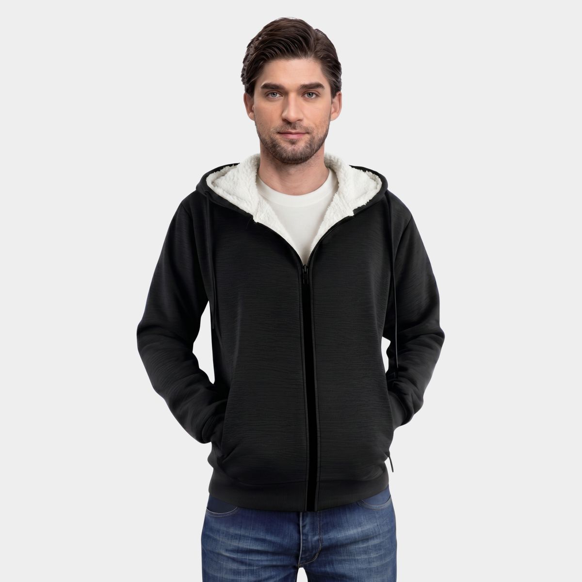 LIKE SHOP - Polerón Hombre Invierno Algodón Forro Piel Cierre Bolsillos Gorro 7636