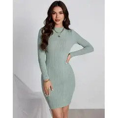 HAMI BOUTIQUE - Vestido Corto de Punto Acanalado Verde con Cuello Semi-Alto y Manga Larga