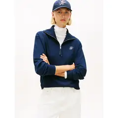 TOMMY HILFIGER - Polerón Con Medio Cierre Logo Script Azul