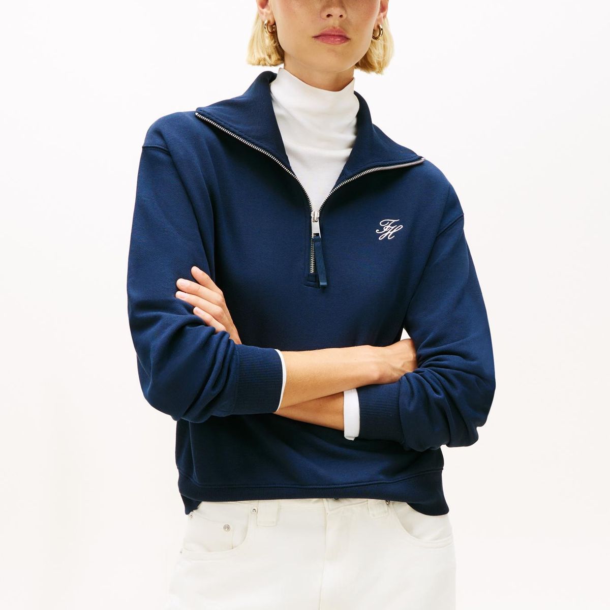 TOMMY HILFIGER - Polerón Con Medio Cierre Logo Script Azul Tommy Hilfiger