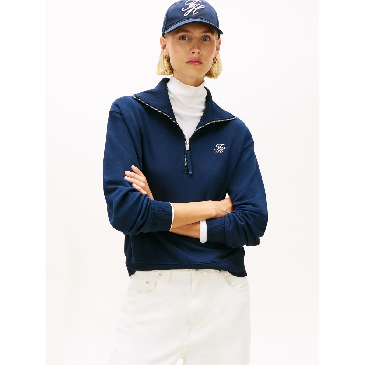 TOMMY HILFIGER - Polerón Con Medio Cierre Logo Script Azul Tommy Hilfiger