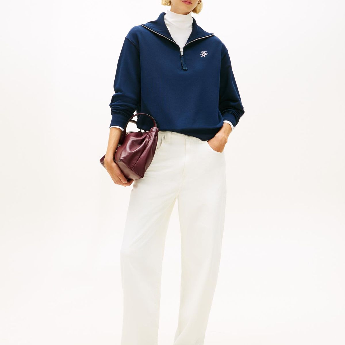 TOMMY HILFIGER - Polerón Con Medio Cierre Logo Script Azul Tommy Hilfiger