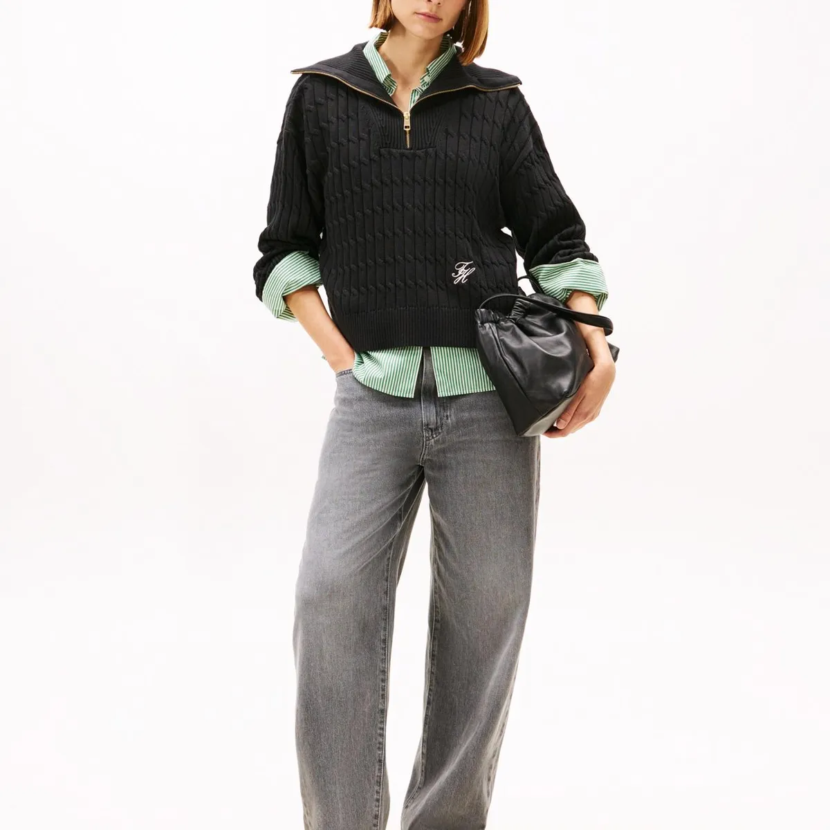 TOMMY HILFIGER - Sweater Con Cierre Tejido Cableado Negro Tommy Hilfiger