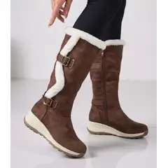 SNOOPY - Bota Invierno Color Café Mujer Taco Bajo en Gamuza M614