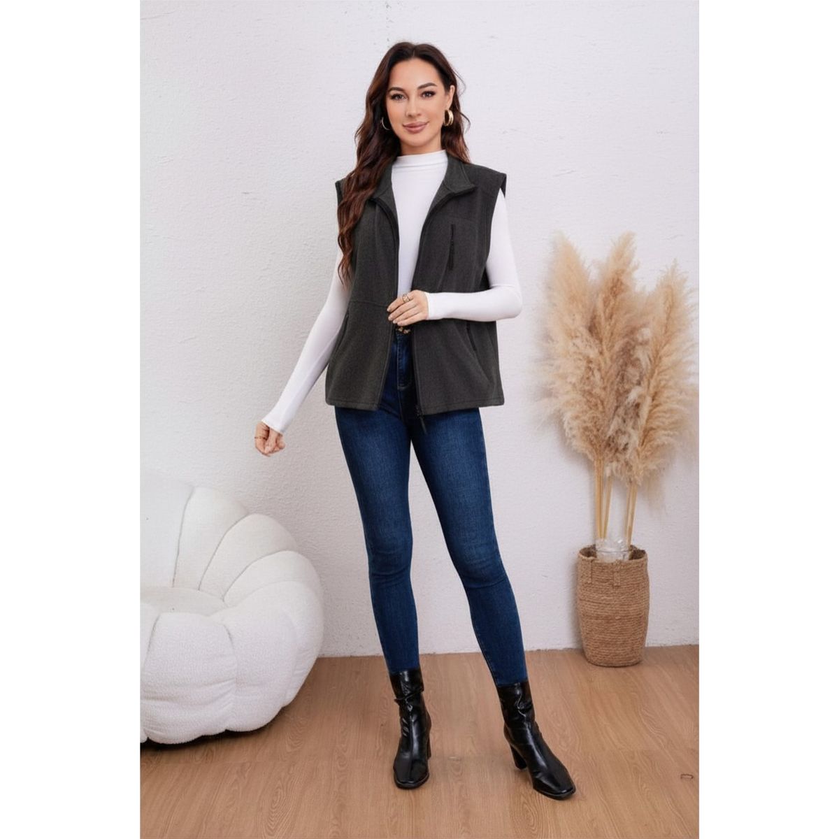 LIKE SHOP - Polar Mujer Algodón Sin Mangas Cierre Cuello Alto Colores Invierno 7634