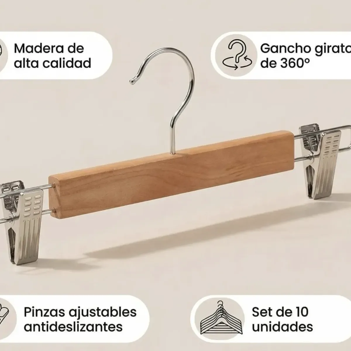 IDEEHOUSE - 10 Colgadores De Madera Metal Para Falda Pantalón Con Pinzas