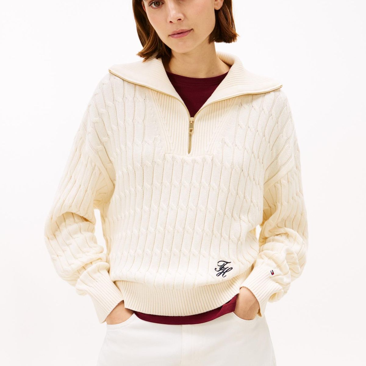 TOMMY HILFIGER - Sweater Con Cierre Tejido Cableado Beige Tommy Hilfiger