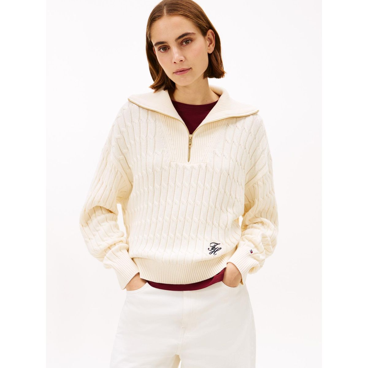 TOMMY HILFIGER - Sweater Con Cierre Tejido Cableado Beige Tommy Hilfiger
