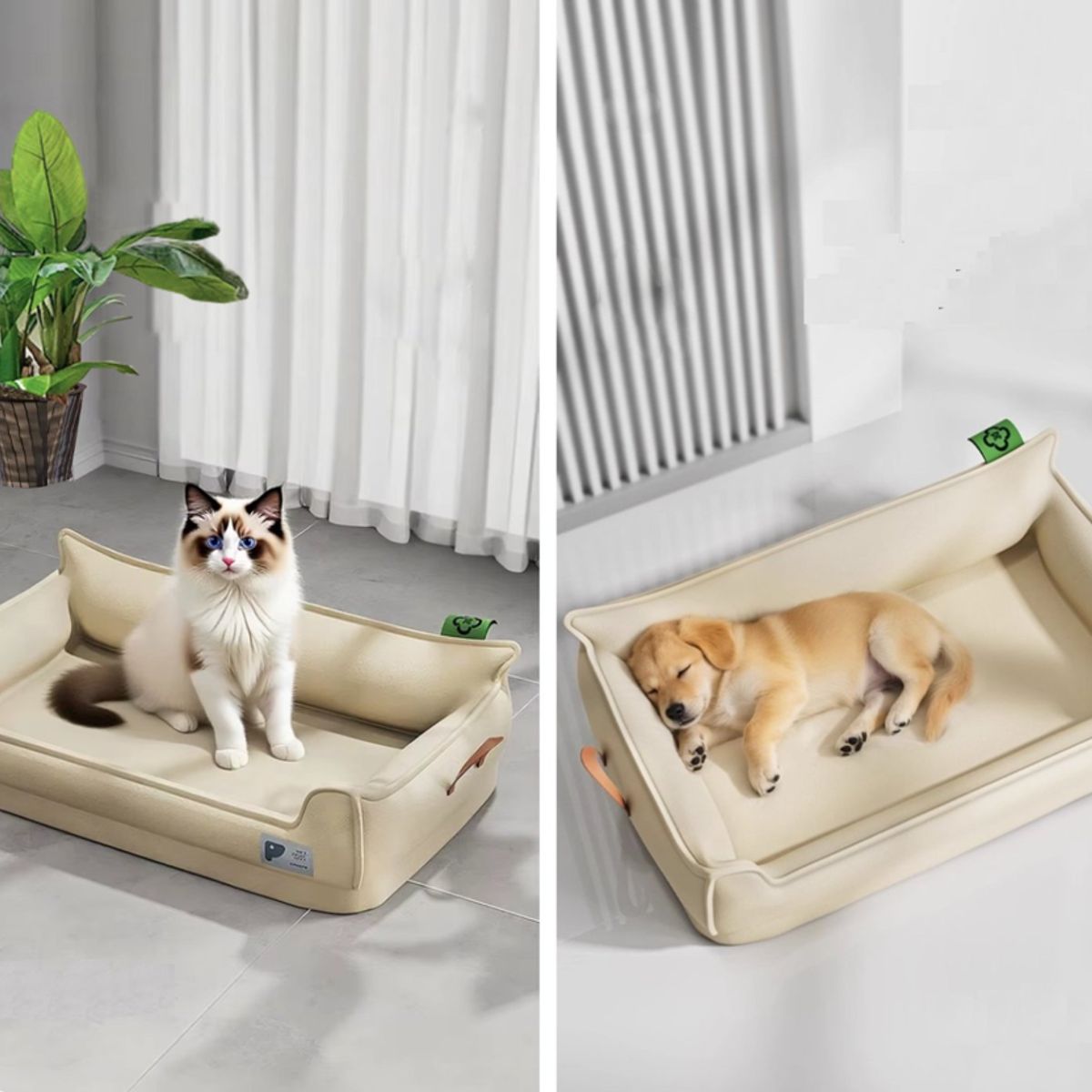 KIDSCOOL - Cama Sofá de Perro 4 Estaciones Impermeable Eco cuero Beige Talla M hasta 25 kg