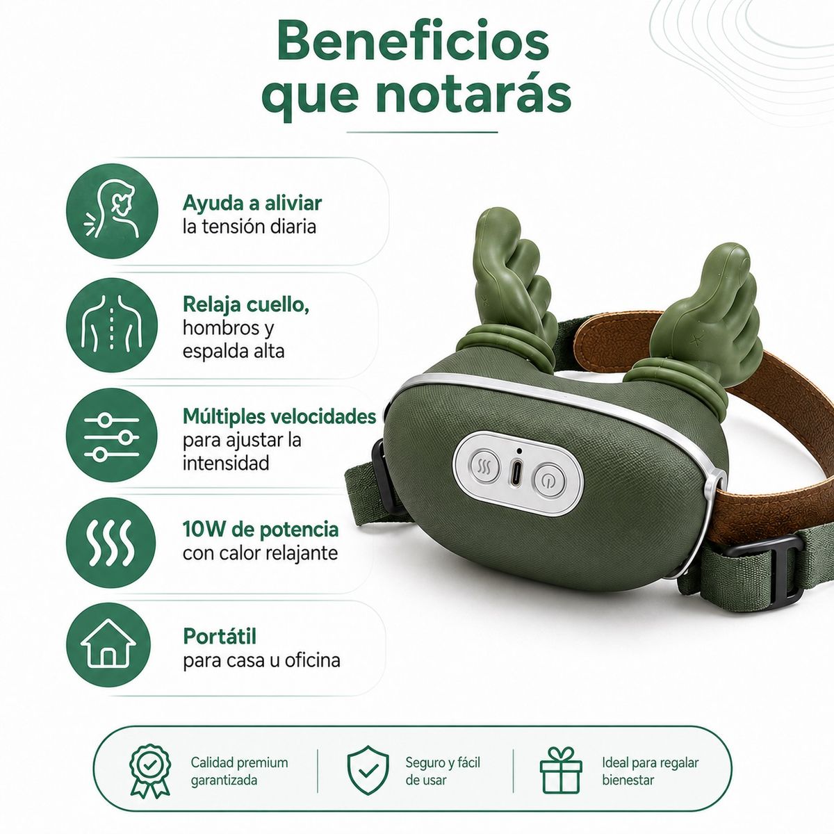 DOPA - Masajeador Cuello Y Hombros Shiatsu Con Calor Recargable Verde Musgo