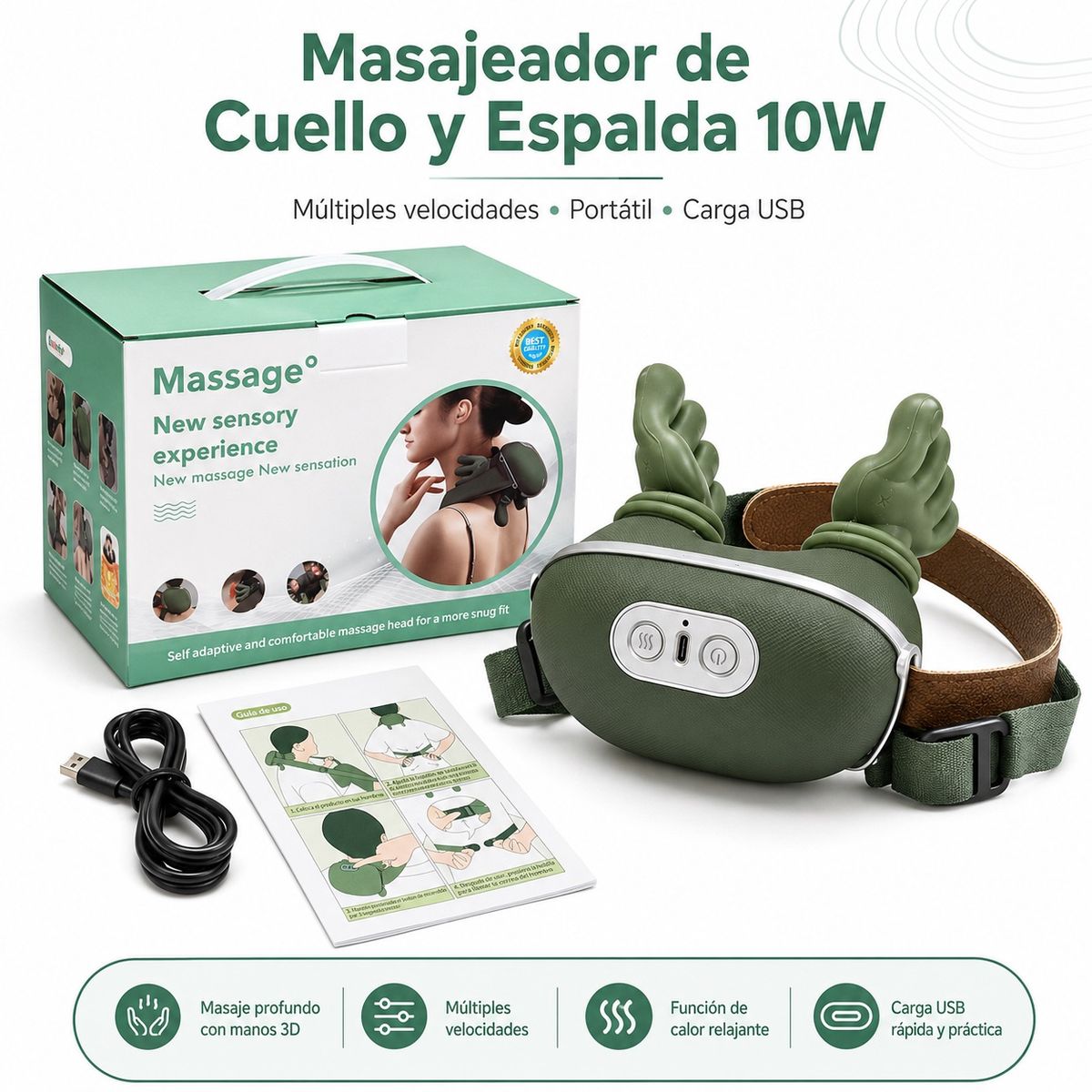 DOPA - Masajeador Cuello Y Hombros Shiatsu Con Calor Recargable Verde Musgo