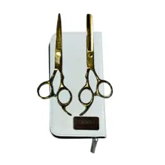WAHL - Set de Tijera filo navaja y esculpidora 6″ Gold estuche blanco