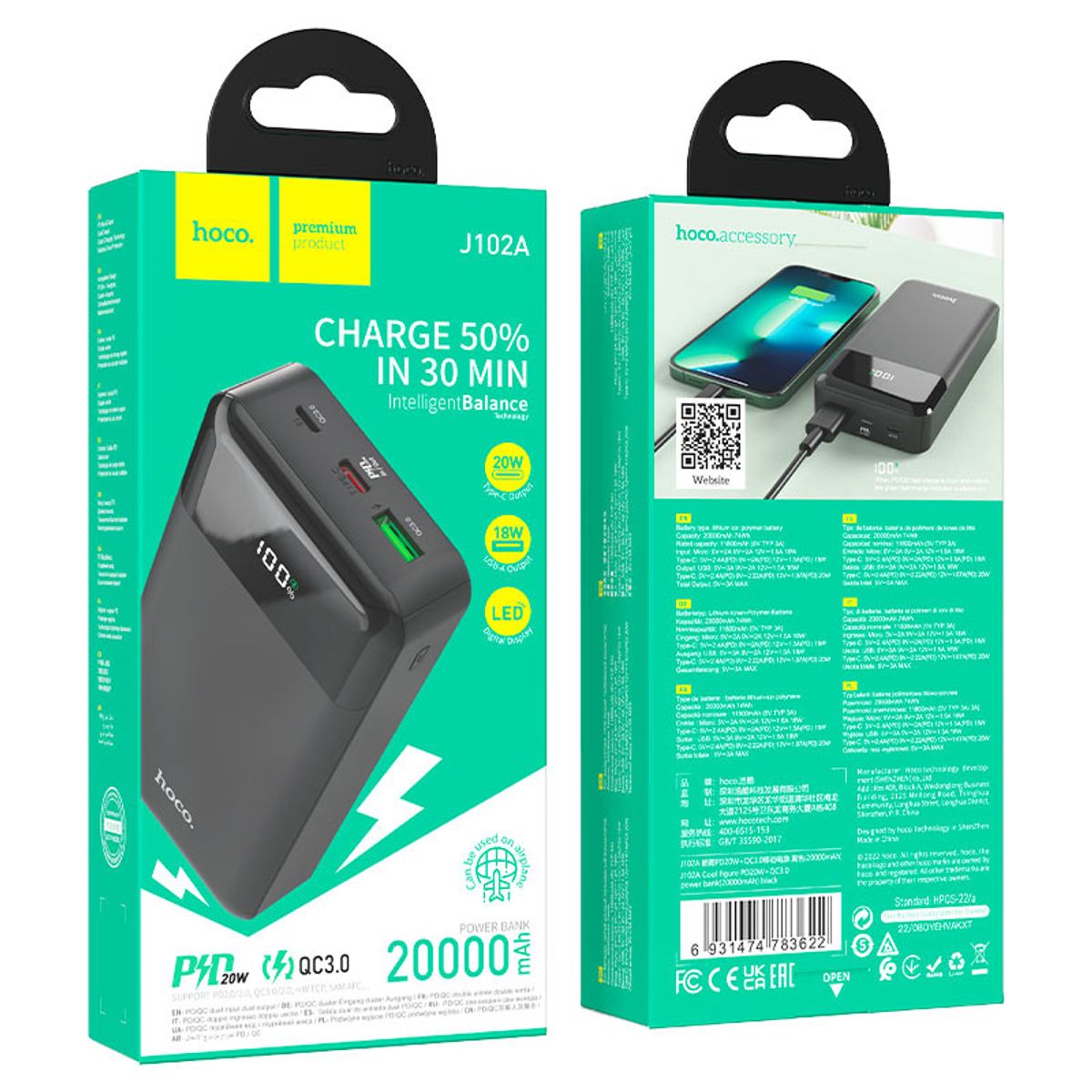 HOCO - Batería Externa Power Bank Carga Rapida PD20W 20000Mah J102A HOCO