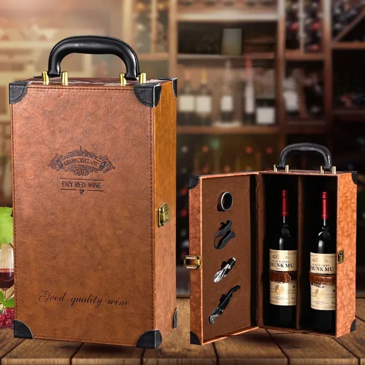 GENERICO - Caja De Regalo Para Vinos Maleta De Cuero Con Accesorios