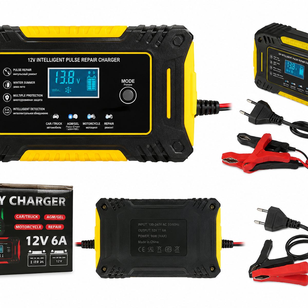 GENERICO - Cargador Inteligente 12V 6A para Auto y Moto con Pantalla LCD y Función Repair