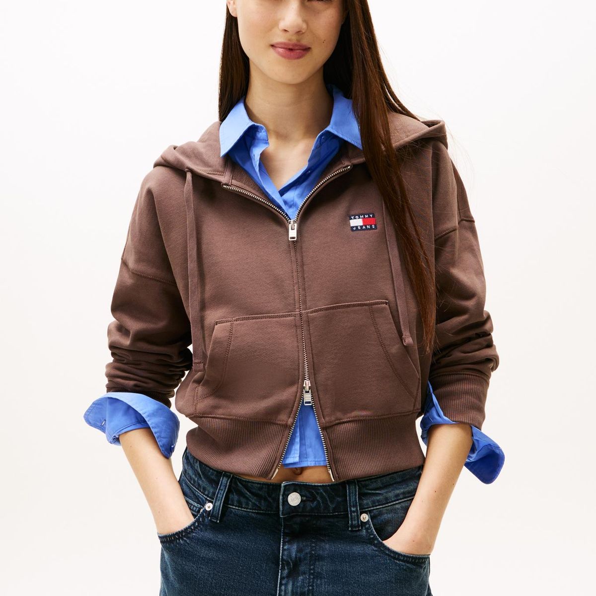 TOMMY HILFIGER - Polerón Hoodie Con Cierre Café Tommy Jeans