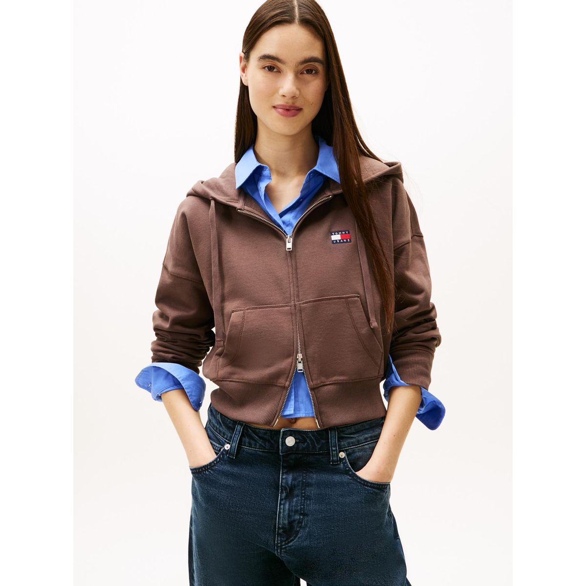 TOMMY HILFIGER - Polerón Hoodie Con Cierre Café Tommy Jeans