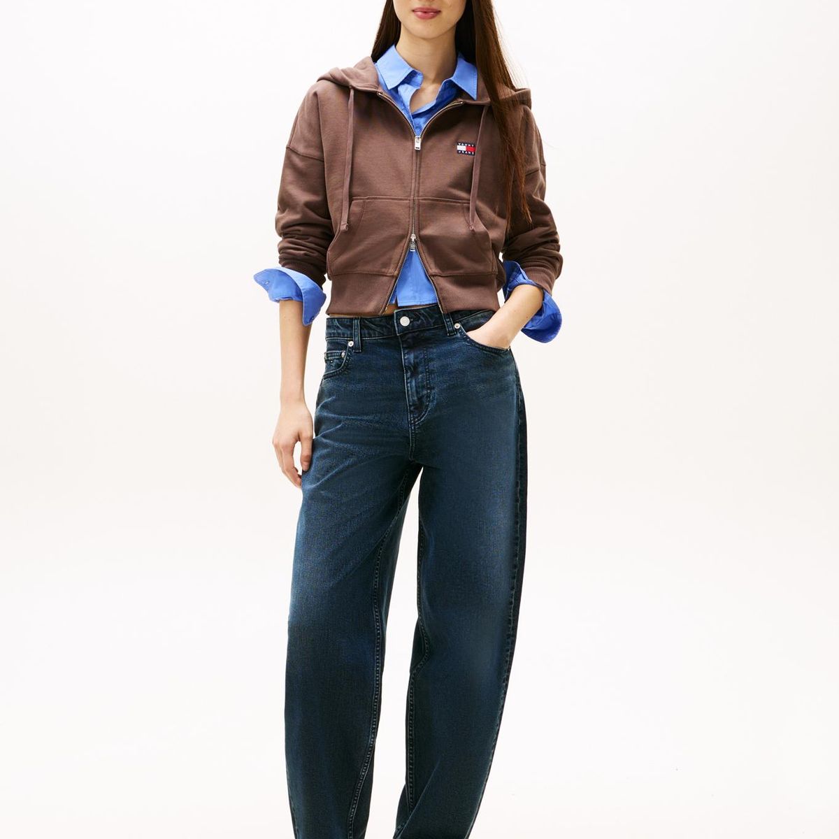 TOMMY HILFIGER - Polerón Hoodie Con Cierre Café Tommy Jeans
